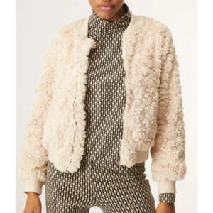 COMPANIA FANTASTICA SZ L cream faux fur full Zip bomber winter jacket NWT B158